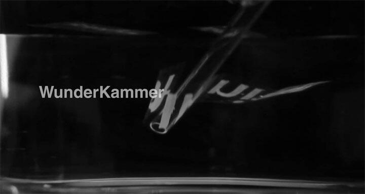 A black and white photograph showing liquid interaction with an object underwater, near the text "WunderKammer."