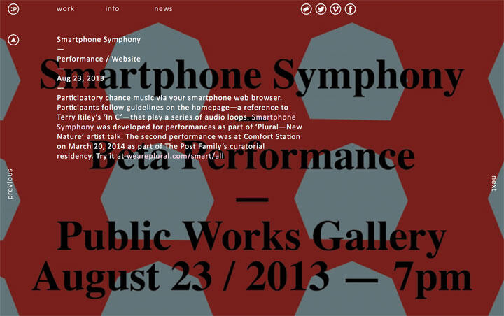Text-heavy graphic with overlapping text in varying sizes about "Smartphone Symphony" and a performance on August 23, 2013, at Public Works Gallery. Background in dark red with hexagonal shapes.