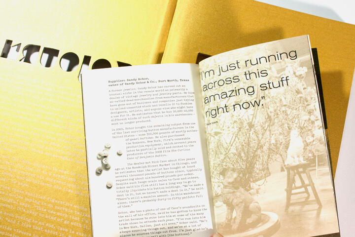 Open magazine on a white surface, featuring text on the left page and a sepia-tone photo of a poodle on a stool with text overlay on the right page. The background is a yellow design.