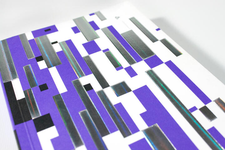 Abstract graphic with purple, black, and metallic silver rectangles on a white background.