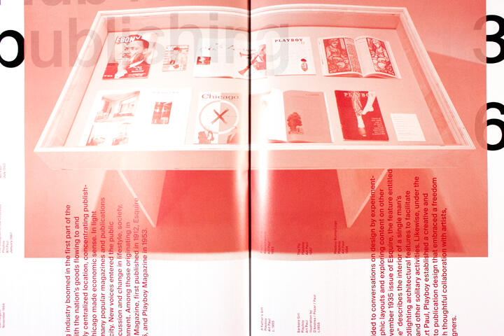 A display case showing various magazine covers and publications in red hue, including issues of Ebony, Playboy, and others, with text and graphics arranged around the case.