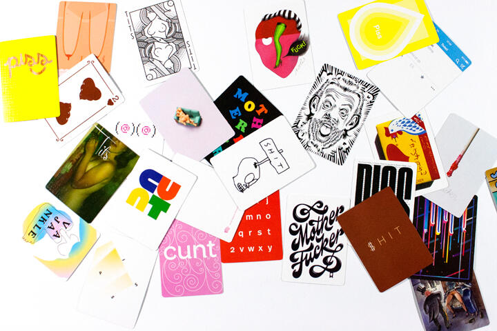 Scattered colorful cards with various designs, illustrations, and text on a white background.