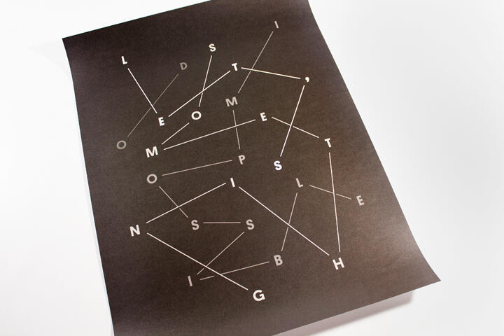 Black poster with scattered white letters and lines intersecting at various points.