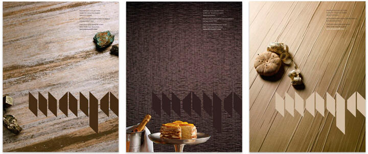 Three panels featuring textures and objects: Left shows earthy tones with stones, center has a layered cake on a metallic stand against a dark background, right displays a wooden surface with mushrooms. Each has stylized geometric designs and minimal text.