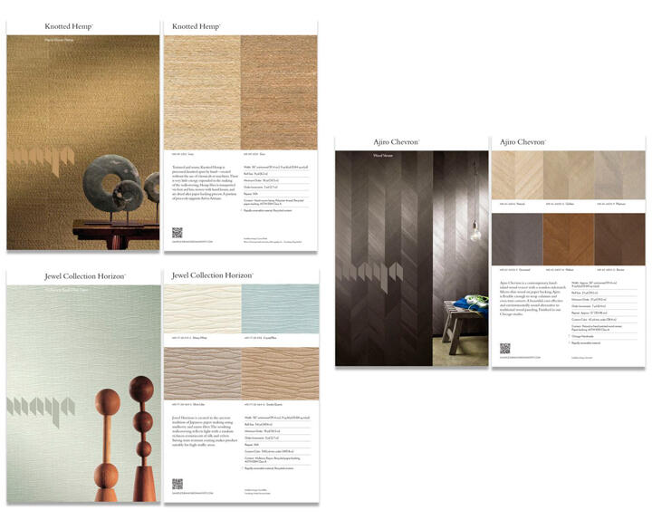 Brochure layouts showcasing Knotted Hemp and Jewel Collection Horizon wall coverings with various color samples. Ajiro Chevron panel displayed with a wooden chair and single hanging light.