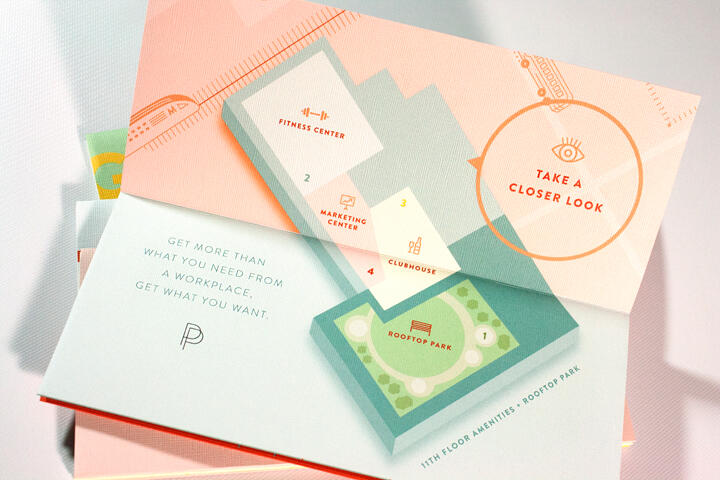 Tri-fold brochure featuring an illustrated map of a building's amenities, including a fitness center, marketing center, clubhouse, and rooftop park. The design uses pastel colors and geometric shapes.