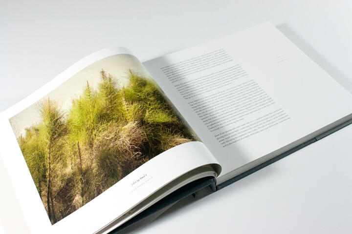 Open book displaying a photograph of green, bushy plants on the left page and text on the right page.