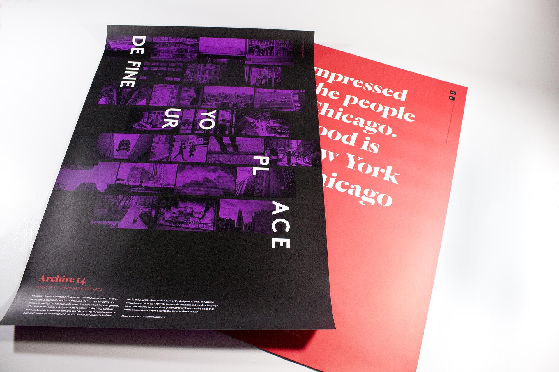 Overlapping posters: one black with purple and white text, featuring photos and text "DEFINE YOUR PLACE," the other red with large white text.