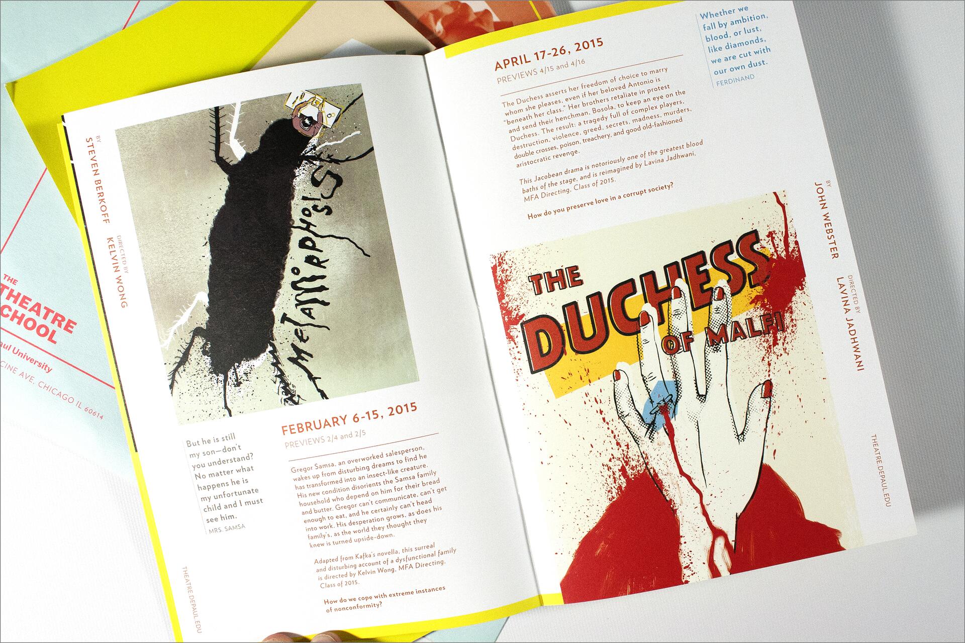 Open booklet showing theater event posters for "Metamorphosis" and "The Duchess of Malfi" with artistic graphics. "Metamorphosis" features an abstract black silhouette; "The Duchess of Malfi" has a hand with bold colors and texts. Background includes colorful, layered papers.