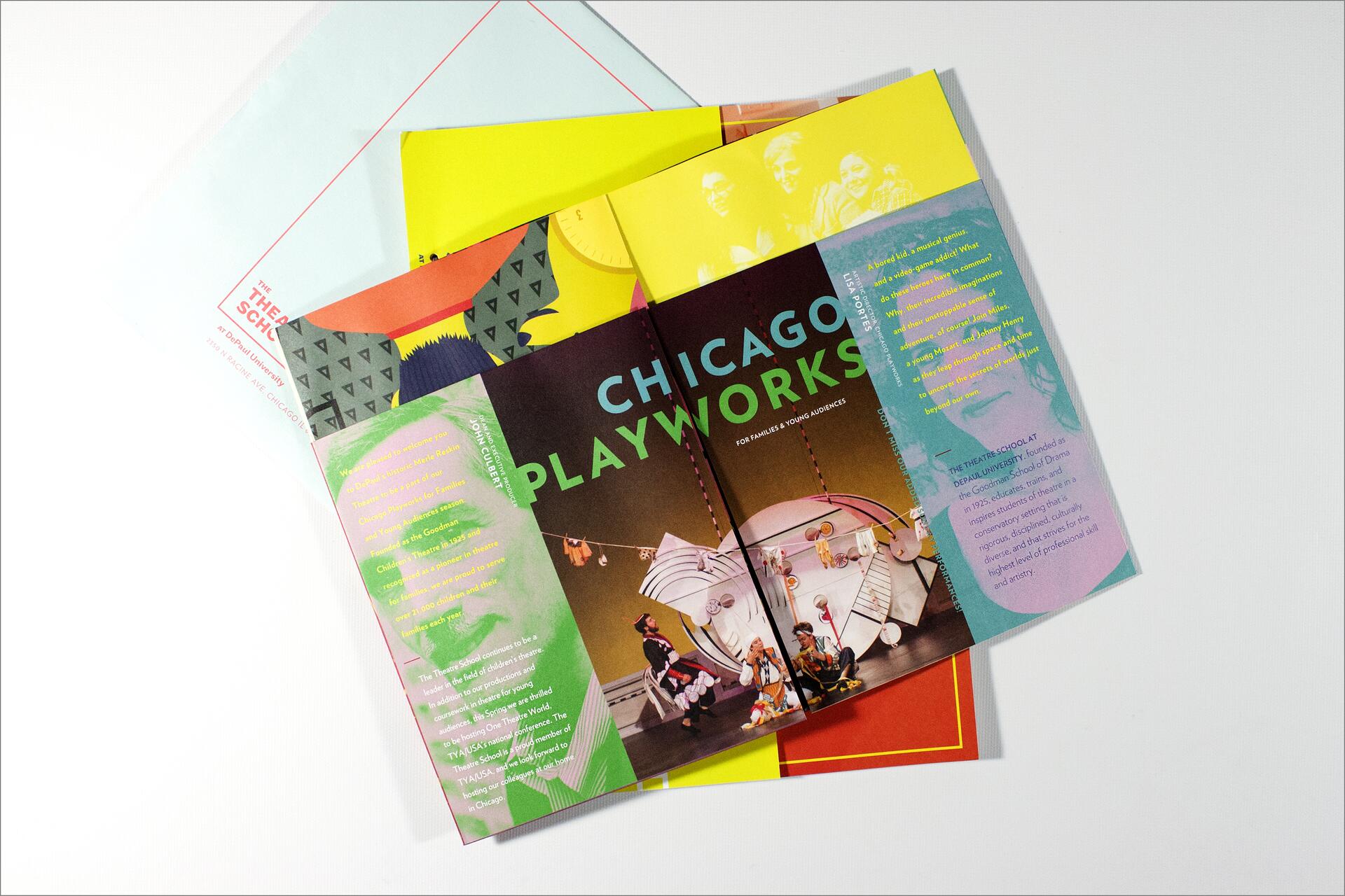 Colorful brochures overlapping, featuring the title "Chicago Playworks" with vibrant graphics and scenes from a theatrical production, set against a plain background.