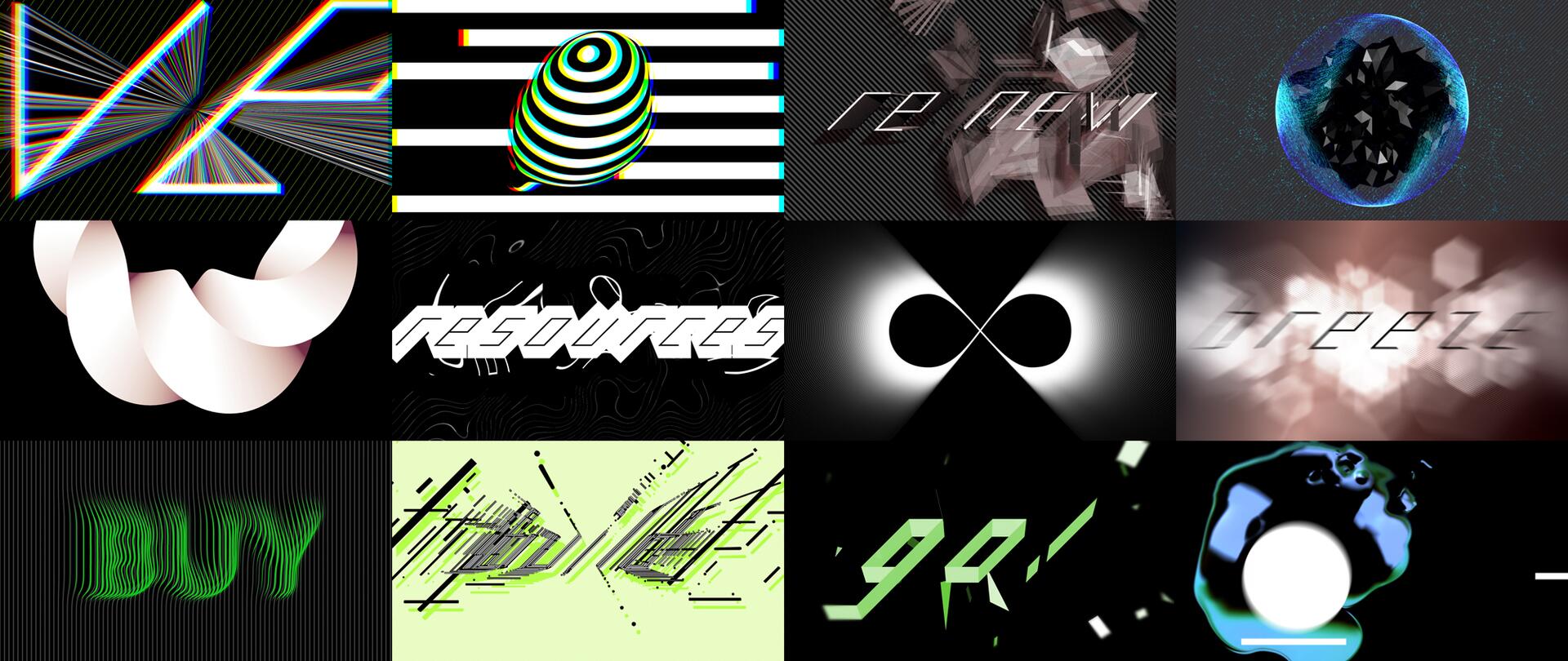 A collage of abstract graphics with various geometric patterns, bold colors, and distorted text against black and colored backgrounds.