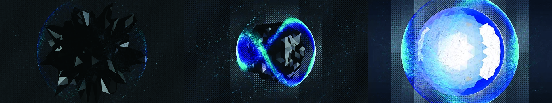 Abstract digital art of three geometric forms: left, a black jagged shape; center, a fragmented shape with blue neon glow; right, a white and blue spherical shape. All set against a dark, textured background.