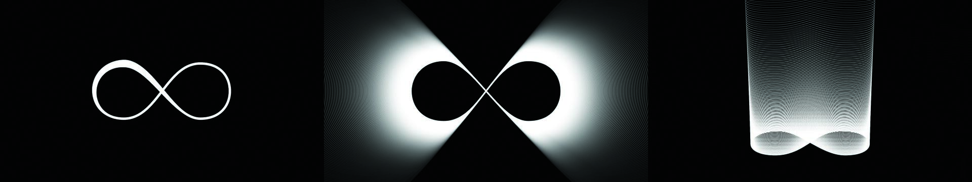 Three abstract graphics show variations of the infinity symbol. The left has a simple white infinity symbol on black. The center features two black circles meeting, surrounded by white light. The right shows two white, curved lines forming the infinity symbol against a black background.
