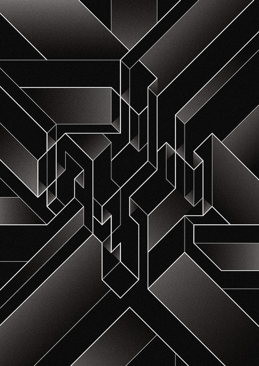 Abstract geometric pattern with black, gray, and white gradients, featuring intersecting lines and shapes creating a three-dimensional effect.
