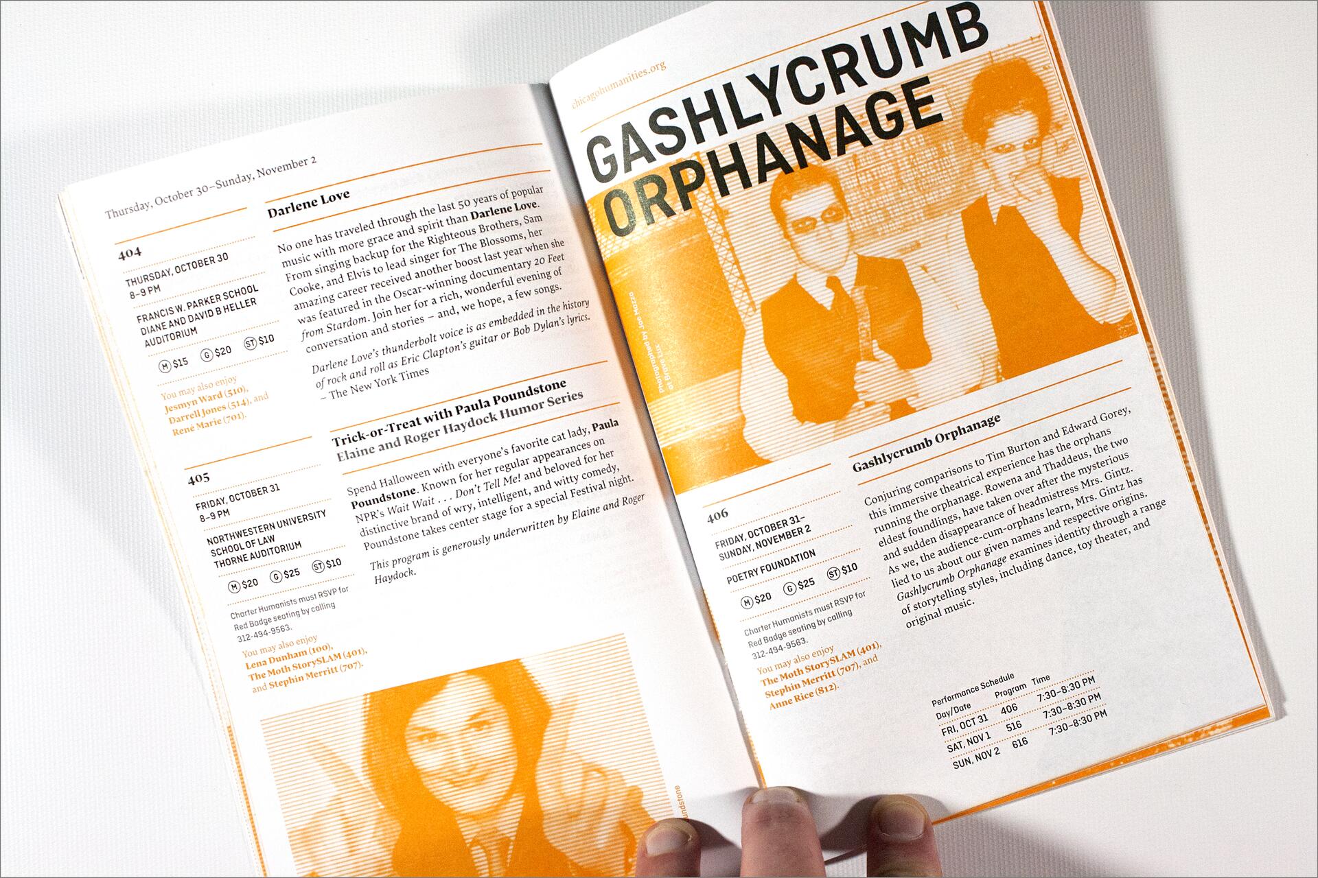 Open booklet with event listings in black and orange print, featuring "Gashlycrumb Orphanage" with stylized, shadowy figures. Dates and descriptions detail performances and ticket prices. A hand holds the pages open.