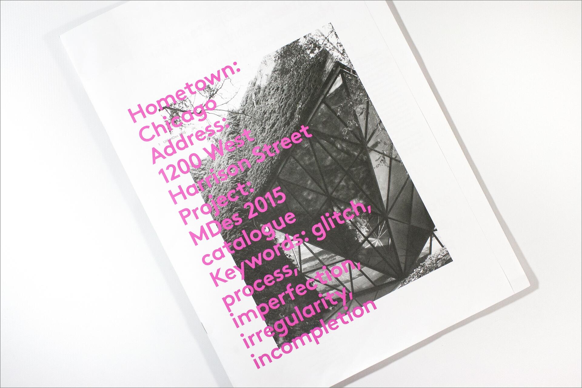 Black and white photograph of a geometric structure overlaid with pink text listing details like a Chicago address and a design project.