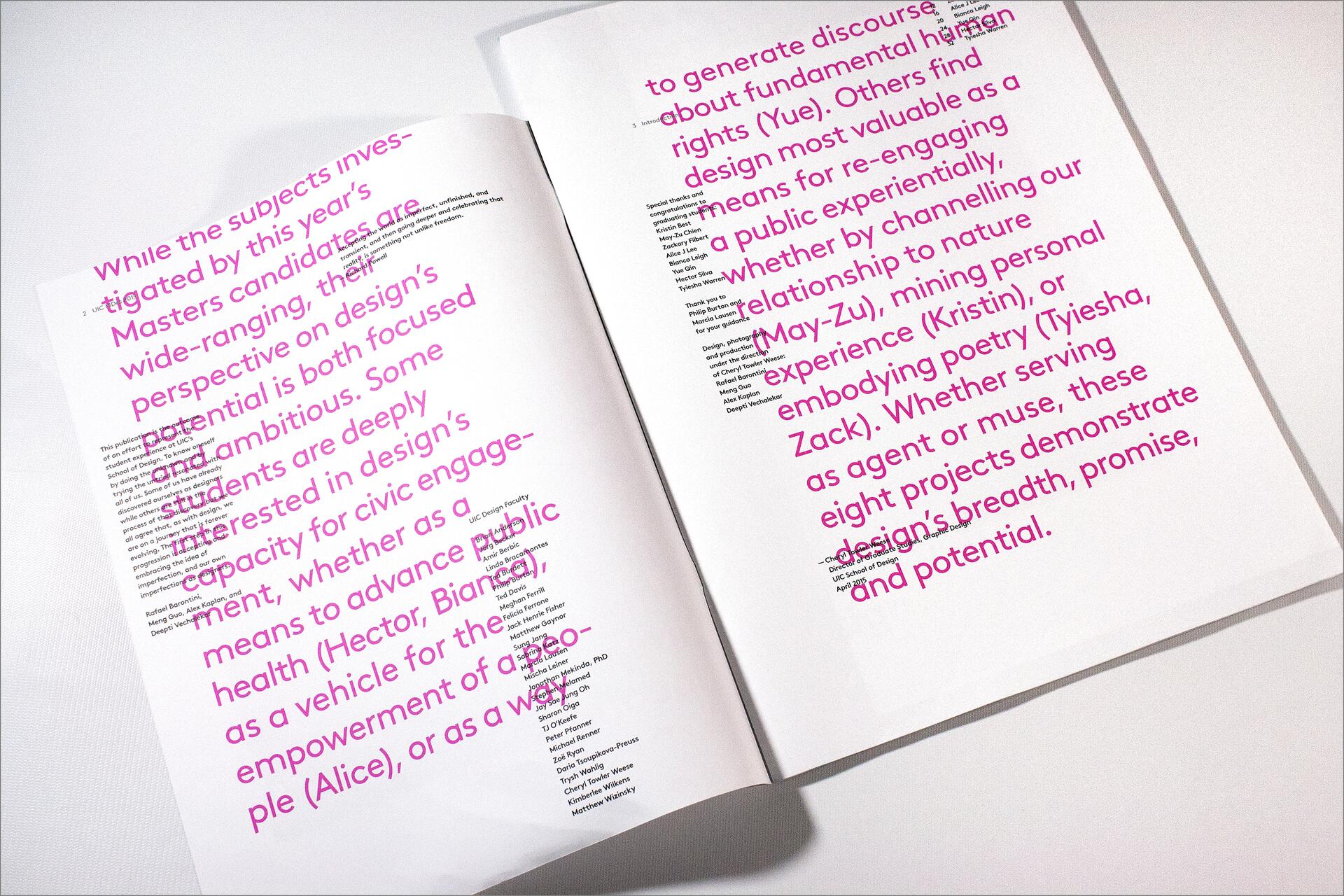 Open book with large pink text covering two pages, discussing the focus and ambitions of Masters candidates on design's potential and impacts.
