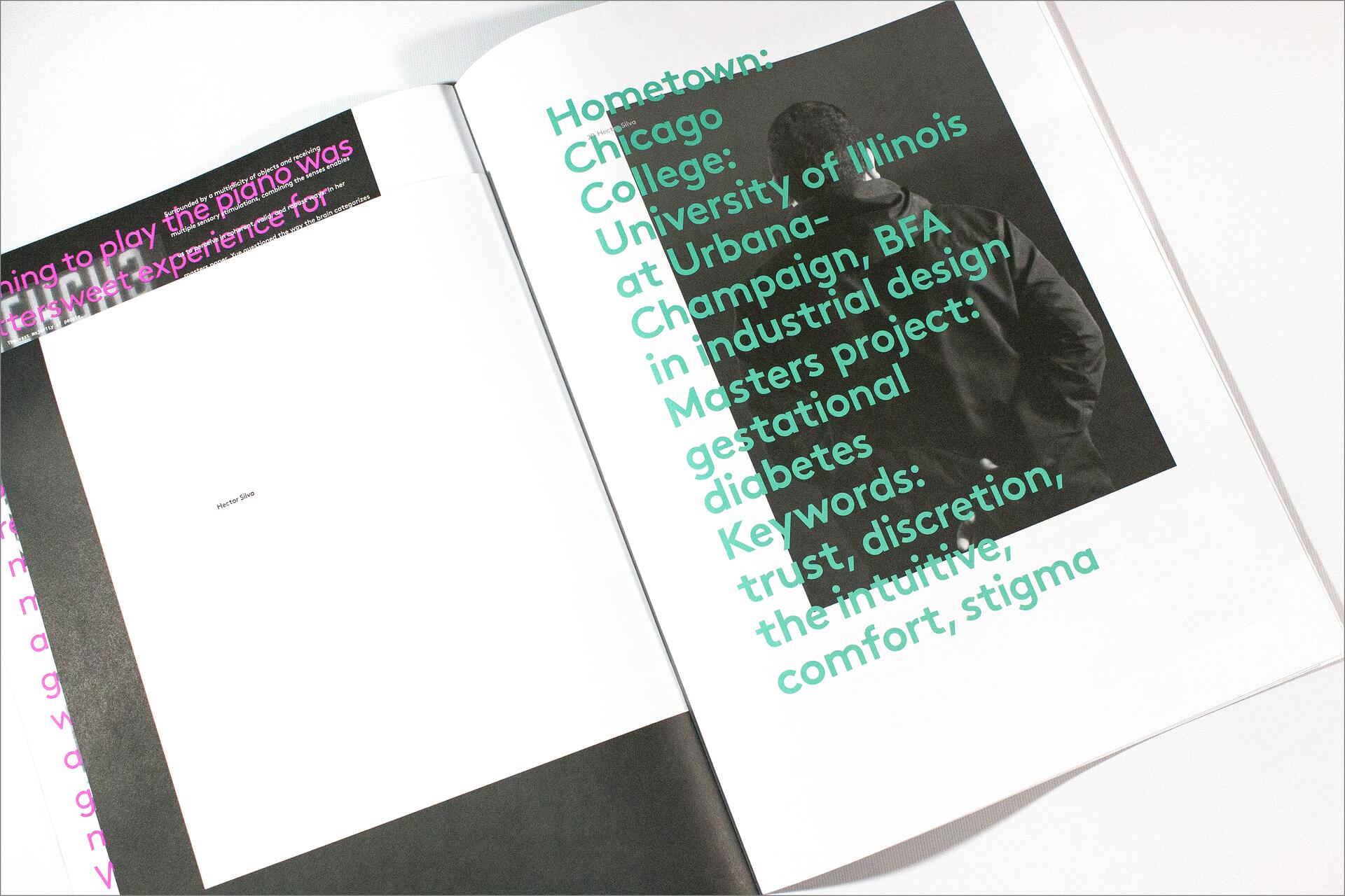 Open magazine with a white page on the left and a page featuring a black and white photograph of a man in profile on the right. Text in turquoise overlays the photo, listing education and keyword details.