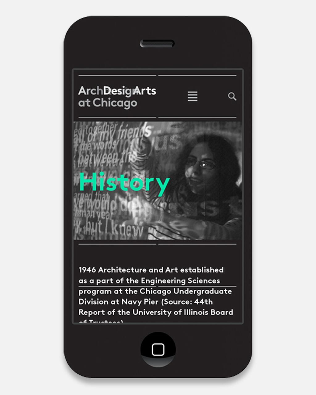 Smartphone mockup displaying a website with a black and white photo of a person in front of projected text, with the word "History" in bright green. Below, white text on a dark background provides historical information about architecture and art in Chicago.