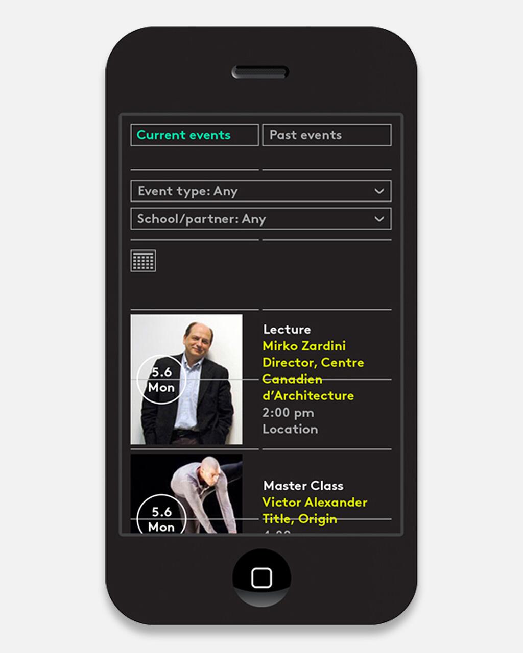 Smartphone screen displaying an event app with tabs for "Current events" and "Past events." Shows details for a lecture and master class, including dates, times, and names, with small images of presenters.