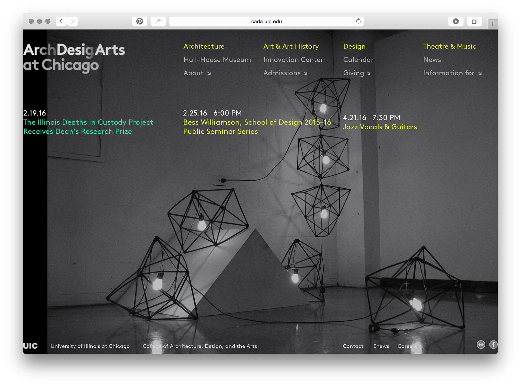 Geometric light fixtures with exposed bulbs hang and rest on the floor in a dimly lit room. Text in various fonts and colors is overlaid across the image, announcing events and categories such as Architecture and Design.