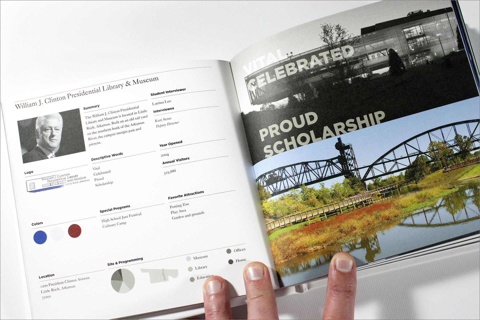 Open book spread showing page with information about the William J. Clinton Presidential Library & Museum and a photo of the building. Features data like location and attractions, and a scenic image of a bridge over a river.