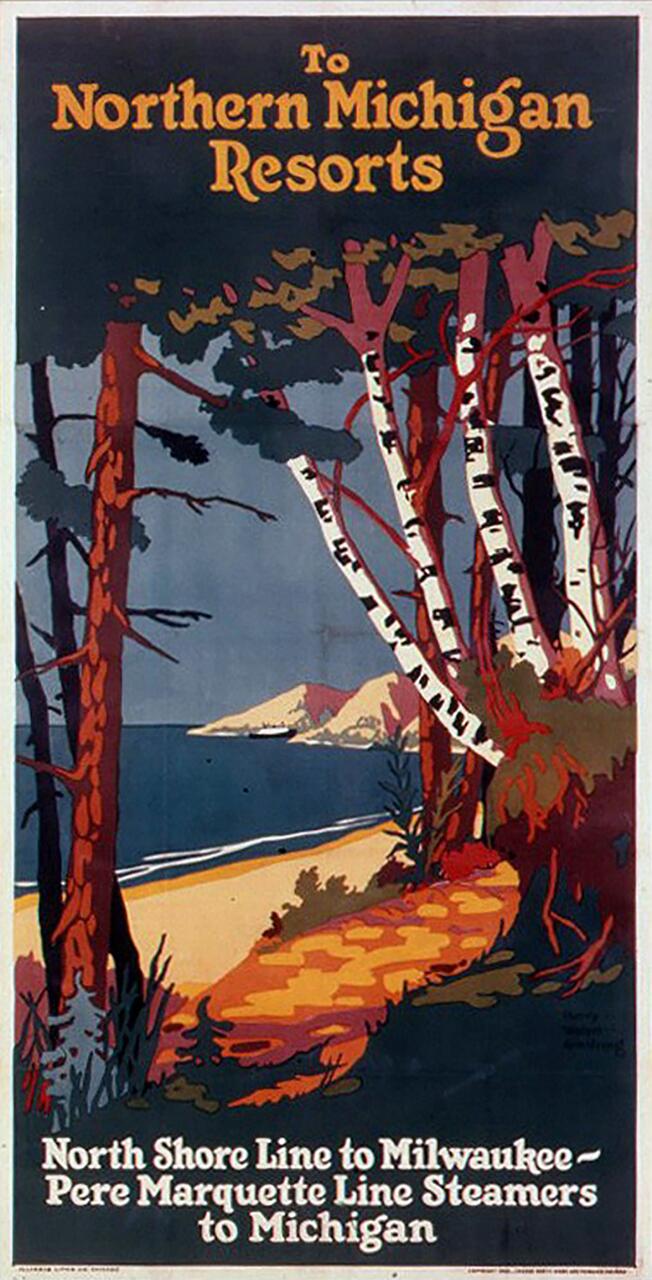 A vintage travel poster showing a sandy beach, blue water, and wooded area with birch and pine trees. Text and a path lead toward a distant, sunlit island. Earth tones and vibrant colors characterize the scene.