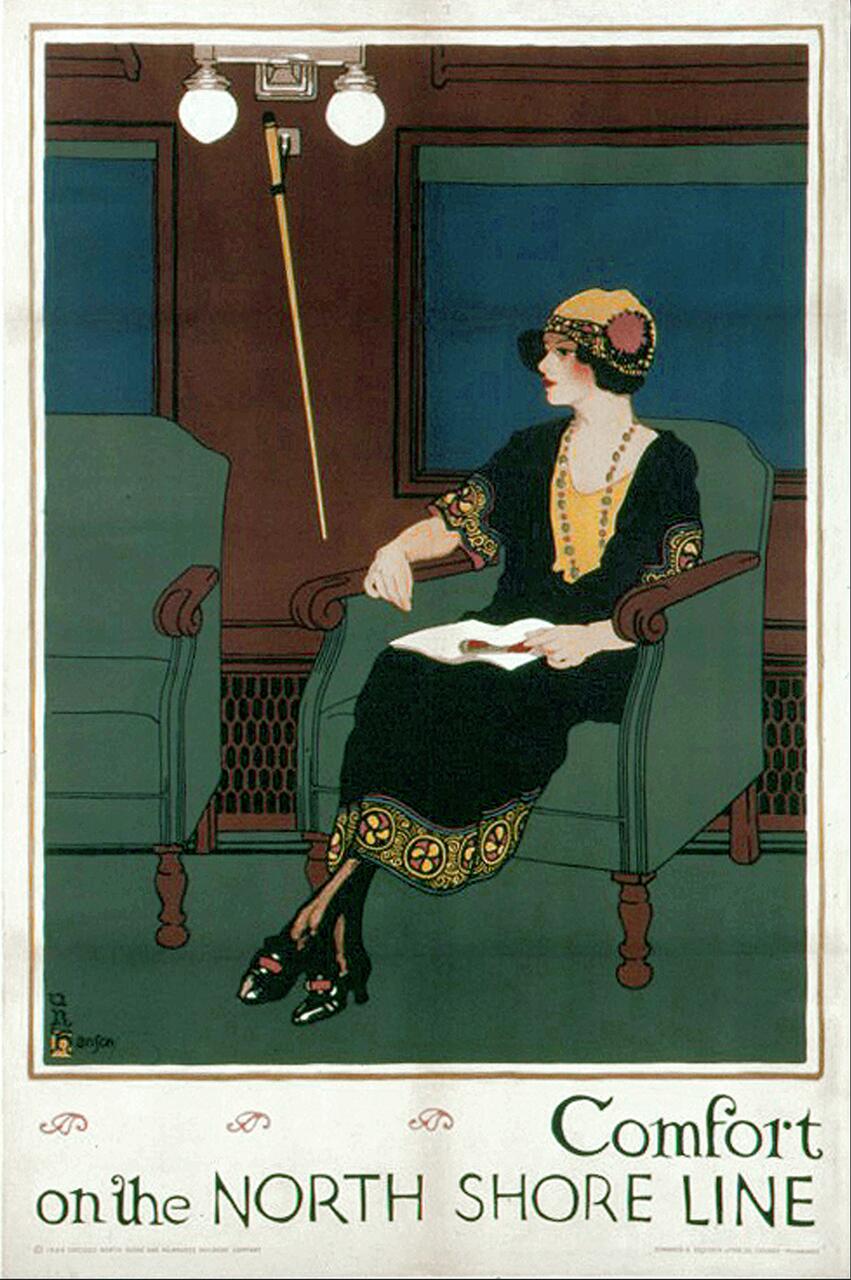 Art deco poster of a woman sitting in a train car, wearing a black dress with gold accents and a matching hat, holding an open book. The interior is luxurious with plush green seats, soft lighting, and a decorative cane hanging on the wall.