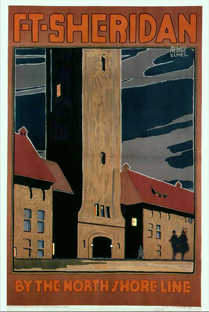 A vintage poster with a tall stone tower at Fort Sheridan, flanked by buildings with red roofs. A small figure walks below, with clouds and a dark sky above. The text "By the North Shore Line" is at the bottom.