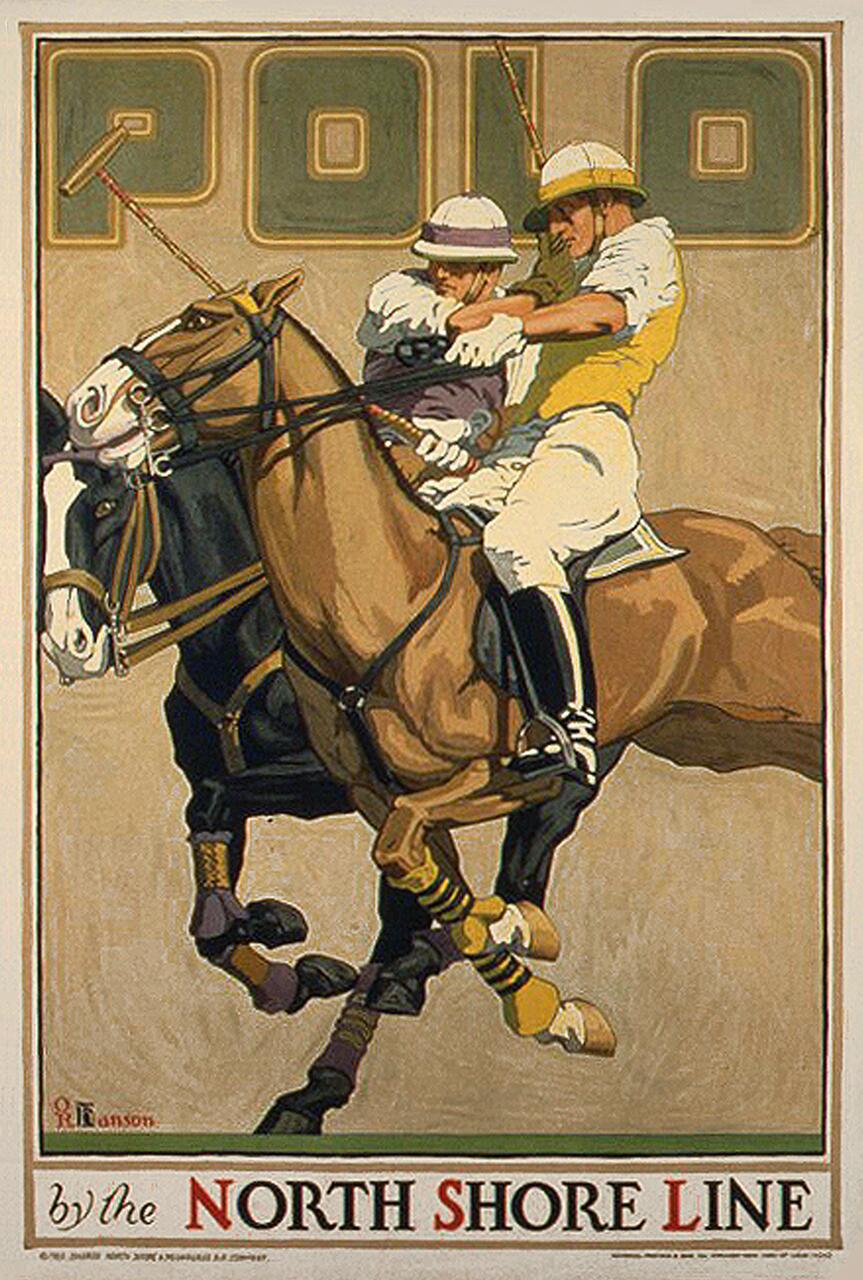 Two polo players in action on horseback, swinging mallets. A vintage style illustration with muted colors and bold text that reads "Polo" at the top and "by the North Shore Line" at the bottom. Players wear helmets and traditional attire.