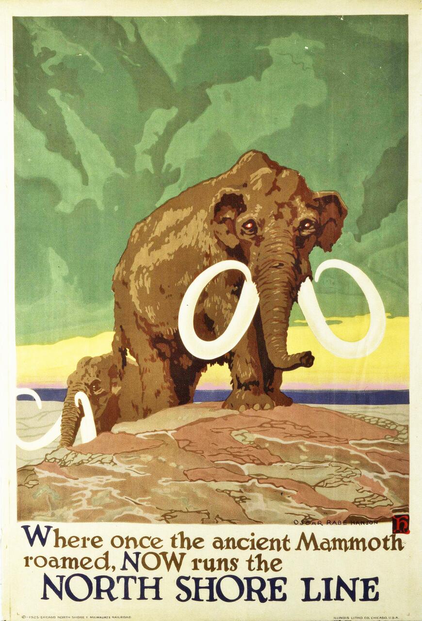Illustration of two woolly mammoths standing on a rocky terrain, with a stylized green sky in the background. One mammoth faces forward, showcasing large tusks, while the other peeks from behind.