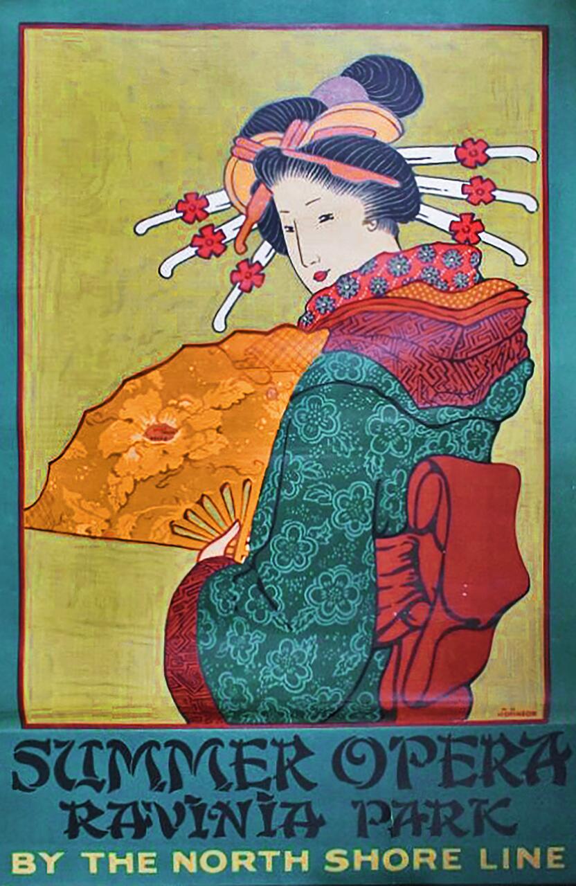 Vintage poster featuring a Geisha in a colorful kimono holding a fan, set against a yellow background with a green border, promoting the Summer Opera at Ravinia Park.