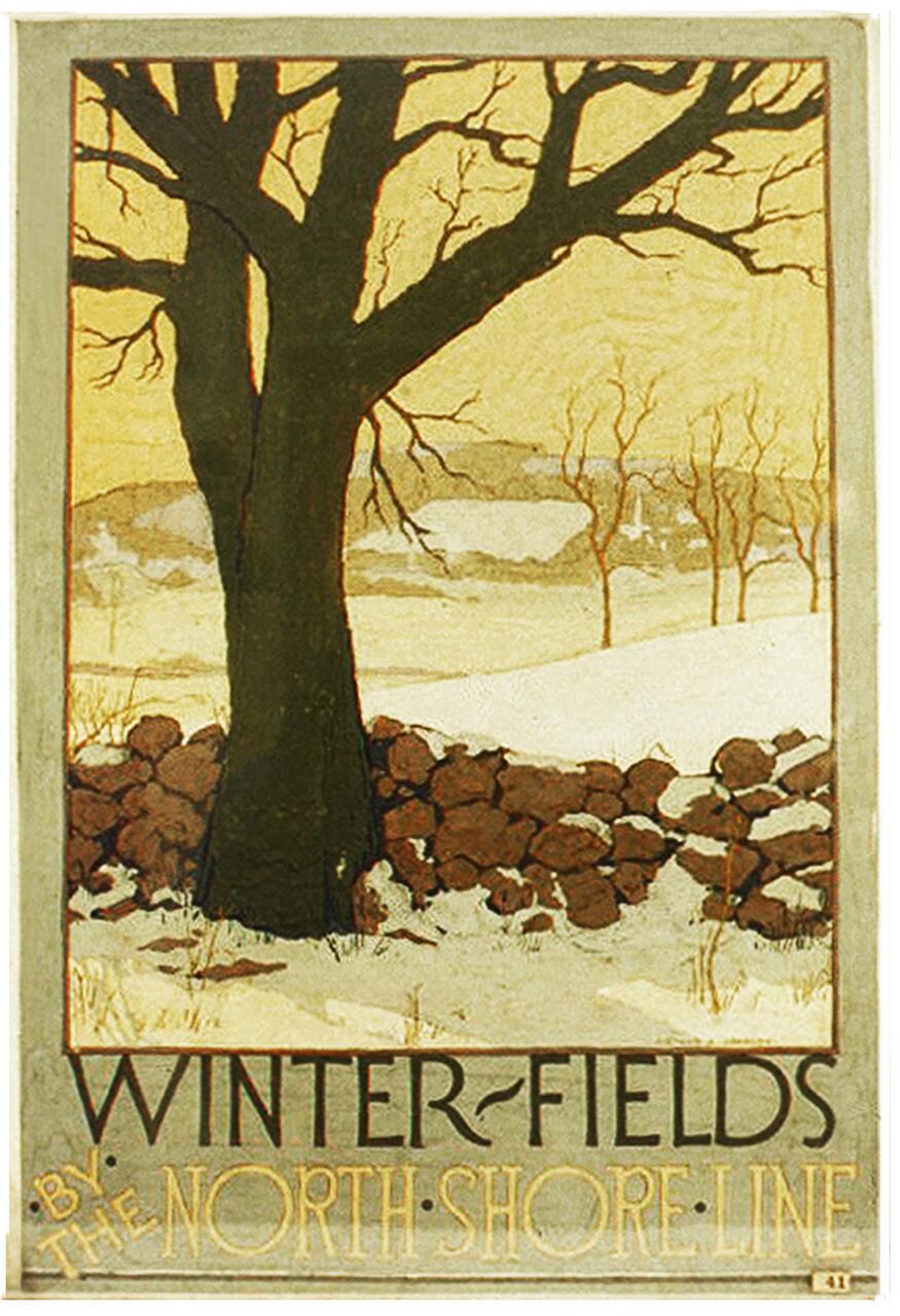 A vintage poster featuring a large, bare tree in the foreground, against a snowy landscape with distant trees and hills. The colors are muted, with shades of brown and white. Text at the bottom reads "Winter-Fields by the North Shore Line."