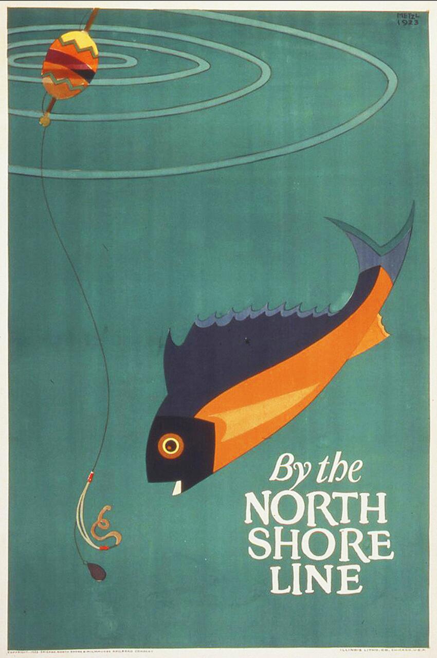 Retro-style poster illustration of a colorful fish near a fishing line with a bobber and bait, set against a teal background, featuring the text "By the North Shore Line."