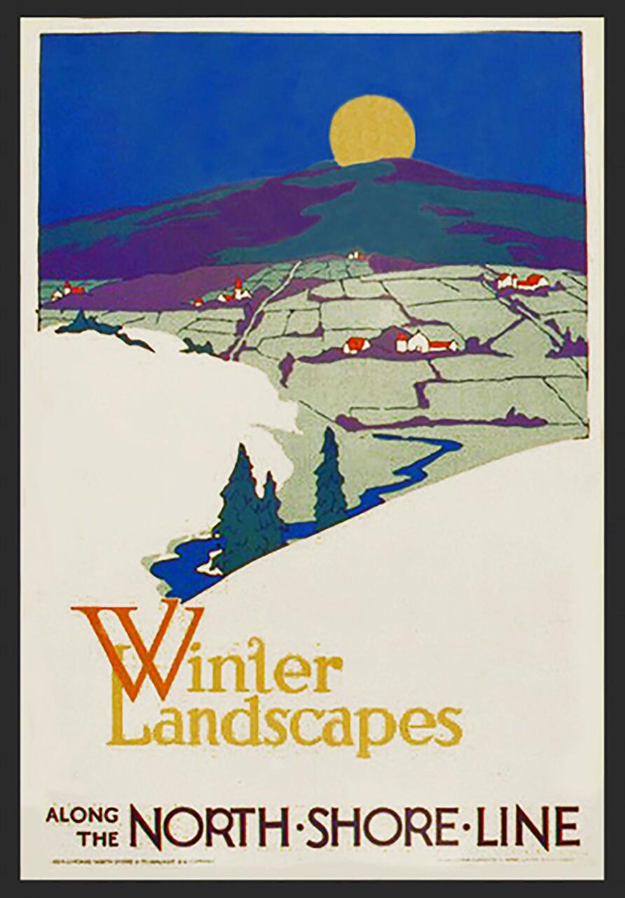 Vintage poster of a winter landscape with a large yellow moon over hills, fields, and small houses. Snow covers the ground with pine trees by a river, set against a deep blue sky. Text reads "Winter Landscapes" and "Along the North Shore Line."