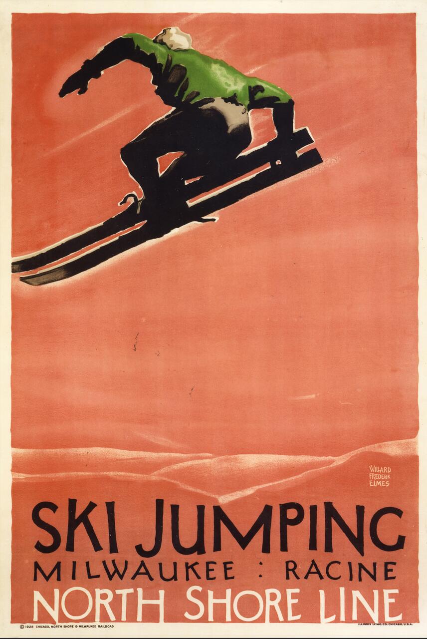 A vintage poster of a skier in mid-air against a pink background, wearing a green jacket and dark pants. Text at the bottom advertises ski jumping events in Milwaukee and Racine, for the North Shore Line.