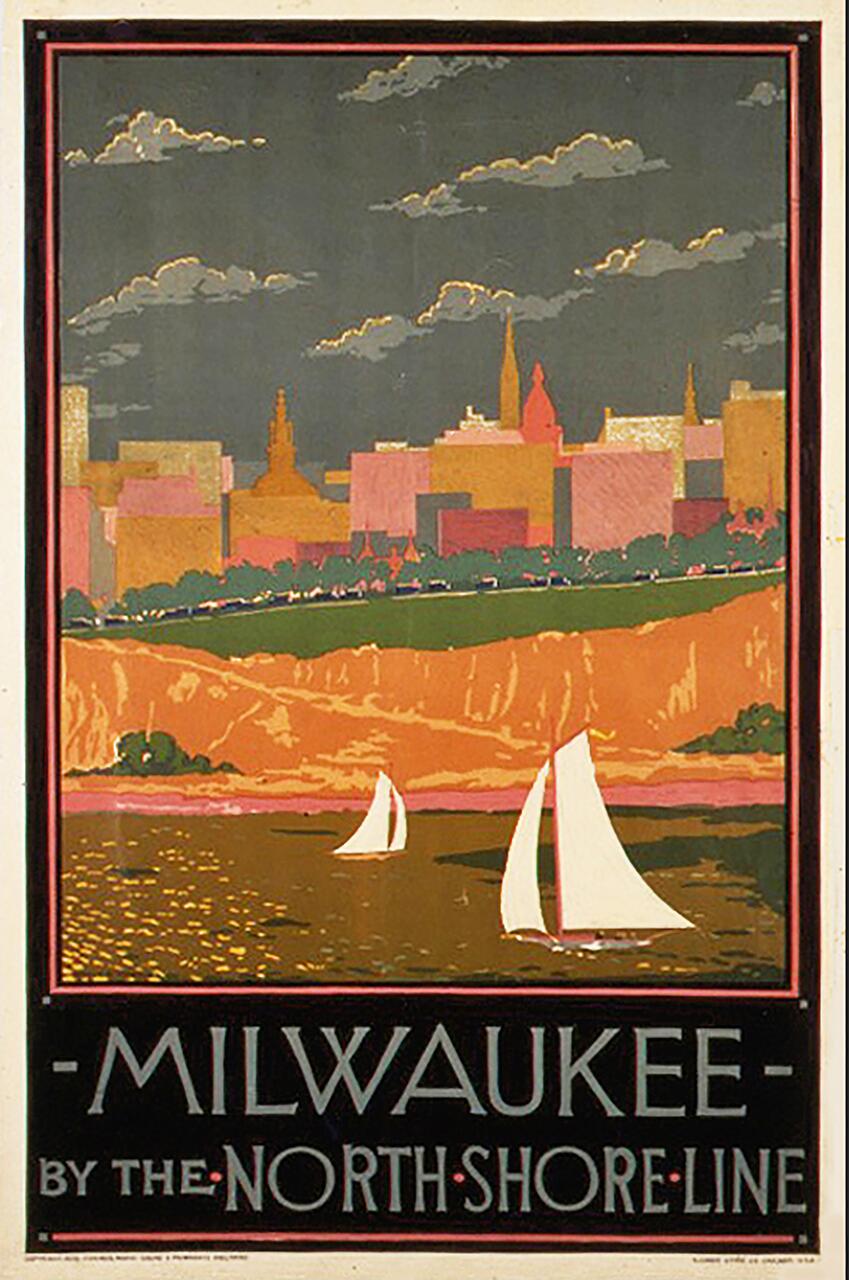 Colorful vintage poster of Milwaukee skyline with stylized buildings, sailing boats on the water, and text "Milwaukee by the North Shore Line." Warm earth tones dominate the foreground, with a dark blue sky overhead.