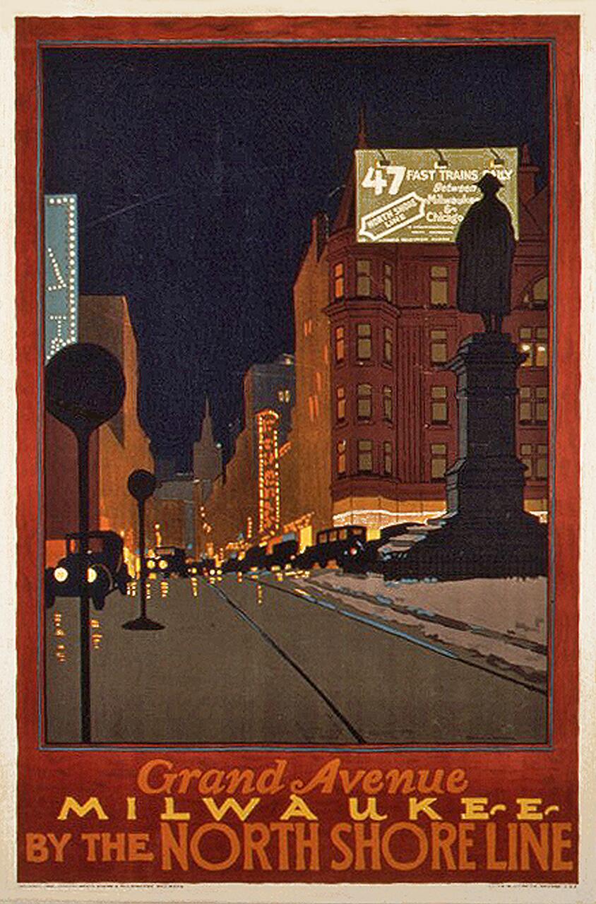 A vintage poster depicting a night scene of Grand Avenue in Milwaukee, lined with cars and lit buildings. A statue silhouette stands on the right. A lighted advertisement with trains is visible atop a building.