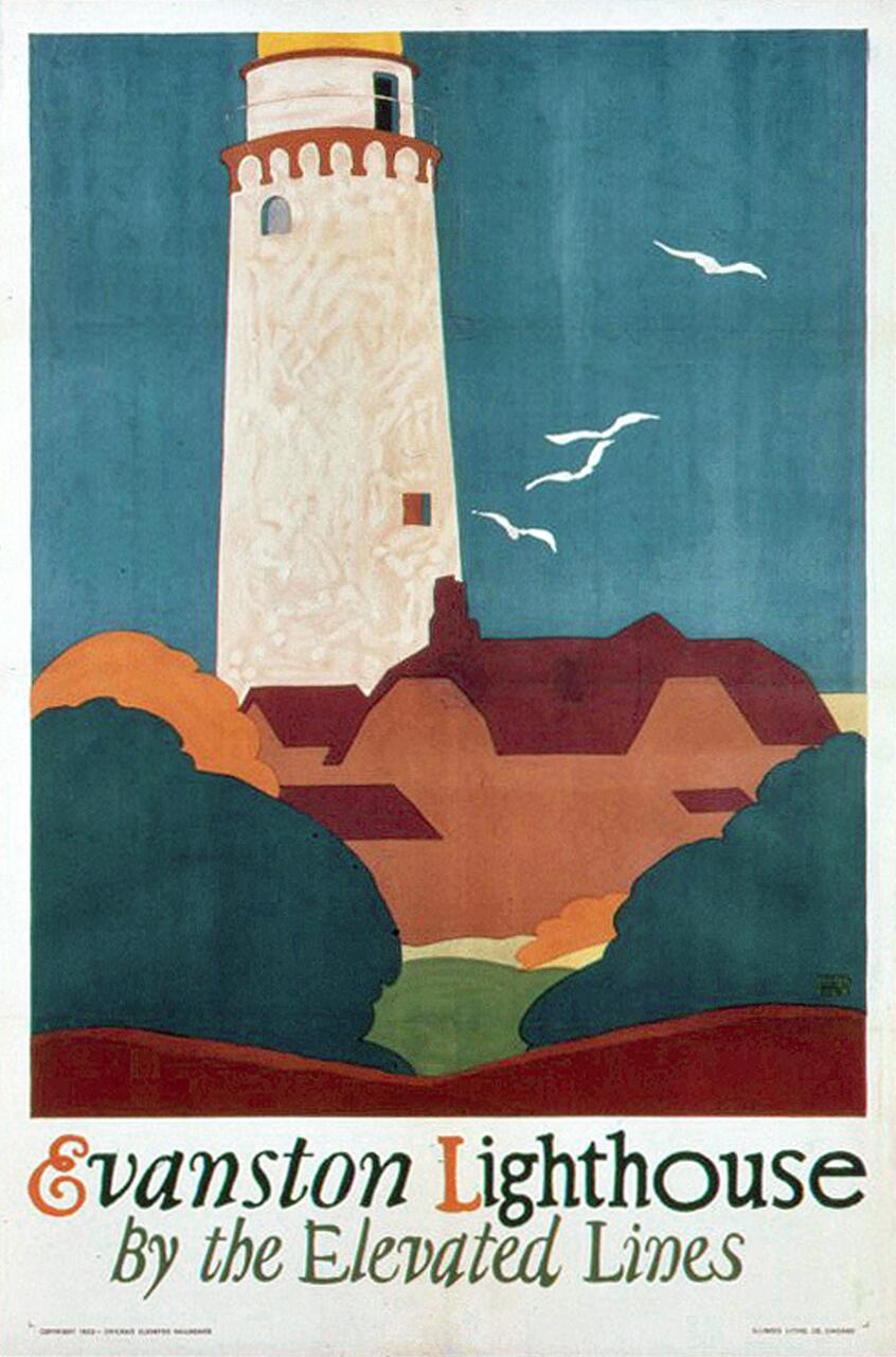 Vintage poster featuring a lighthouse and surrounding greenery. Seagulls fly against the blue sky. Text promotes Evanston Lighthouse.