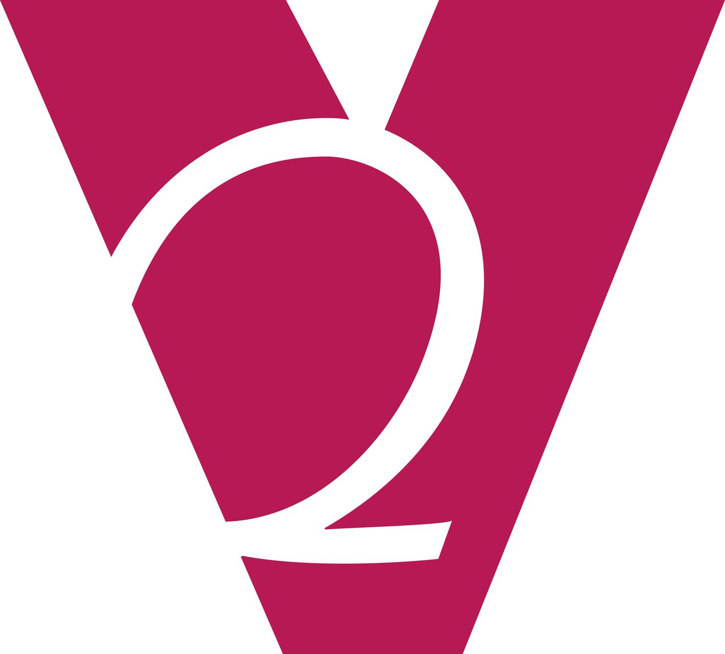 Abstract maroon and white geometric logo with overlapping shapes forming a stylized "V" and curved element.