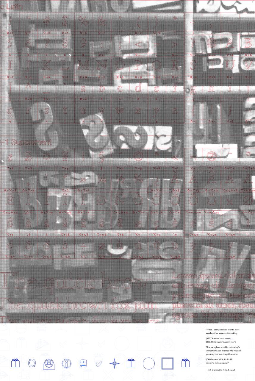 Shelf filled with various wooden letter blocks in different sizes, creating a collage of letters and symbols.