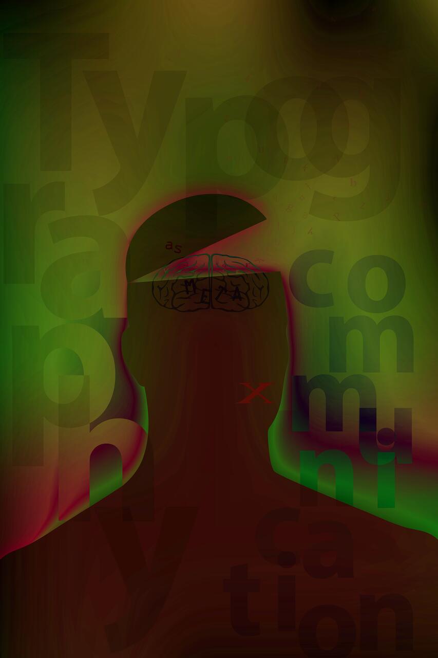 Abstract artwork of a silhouette with an open head revealing a brain, set against a green and red background with large, semi-transparent letters scattered throughout.