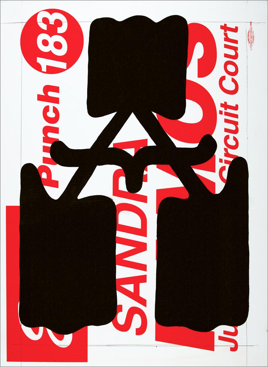 Large abstract black shape overlaid on red and white text background.