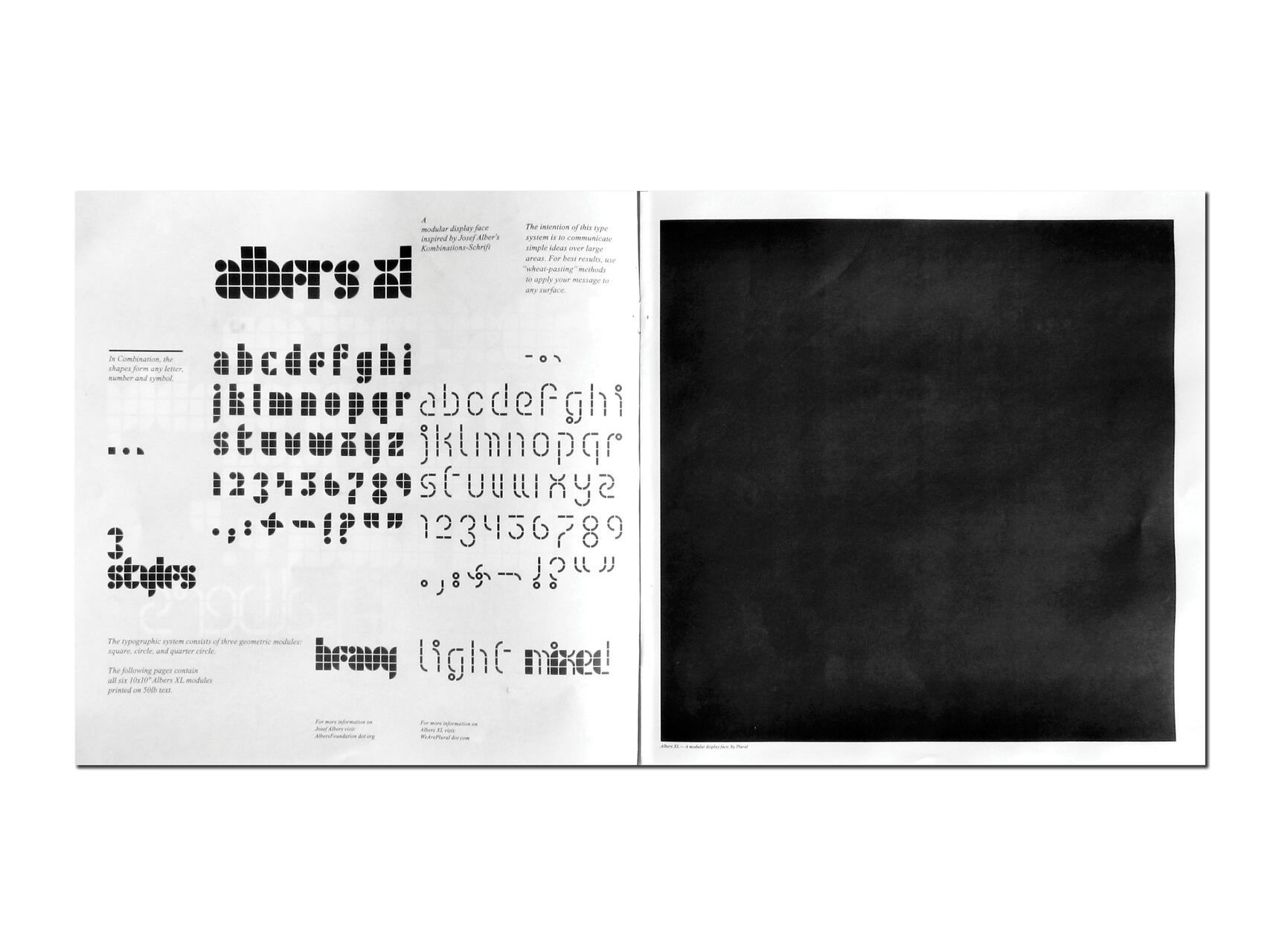 Two-page layout showing a modular typeface design on the left with various alphabetic and numeric samples in bold, light, and mixed styles. Right page is filled with a solid black square.