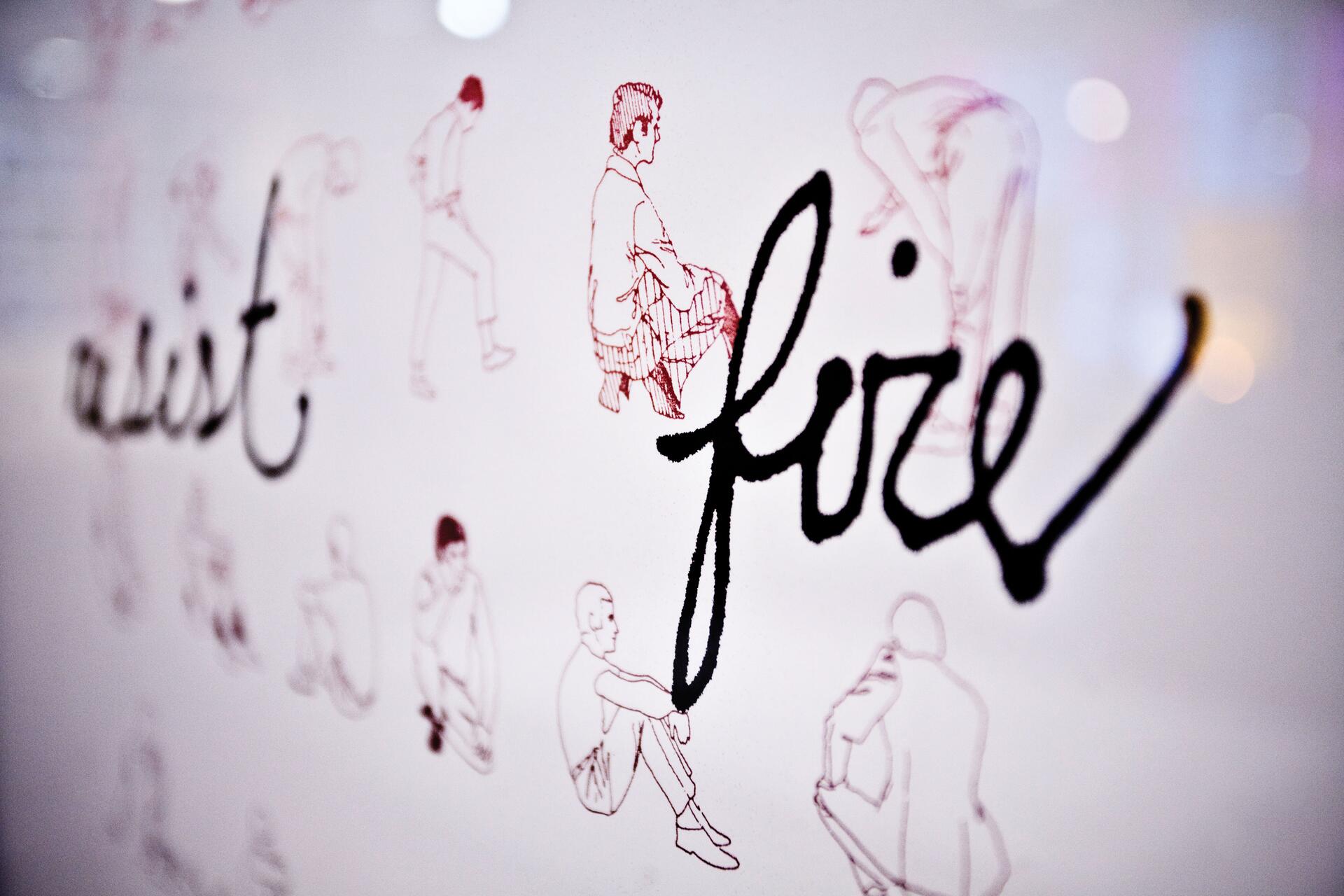 Stylized illustrations of people in various poses with large, flowing handwritten words in black overlaying them on a light-colored background.