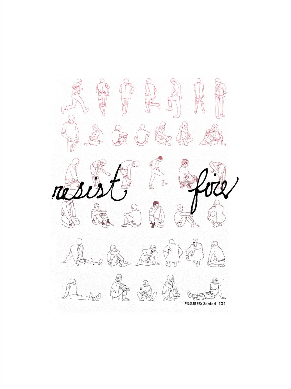 Line drawing of various seated and standing figures in red ink, with "resist" and "free" in bold cursive across the center.