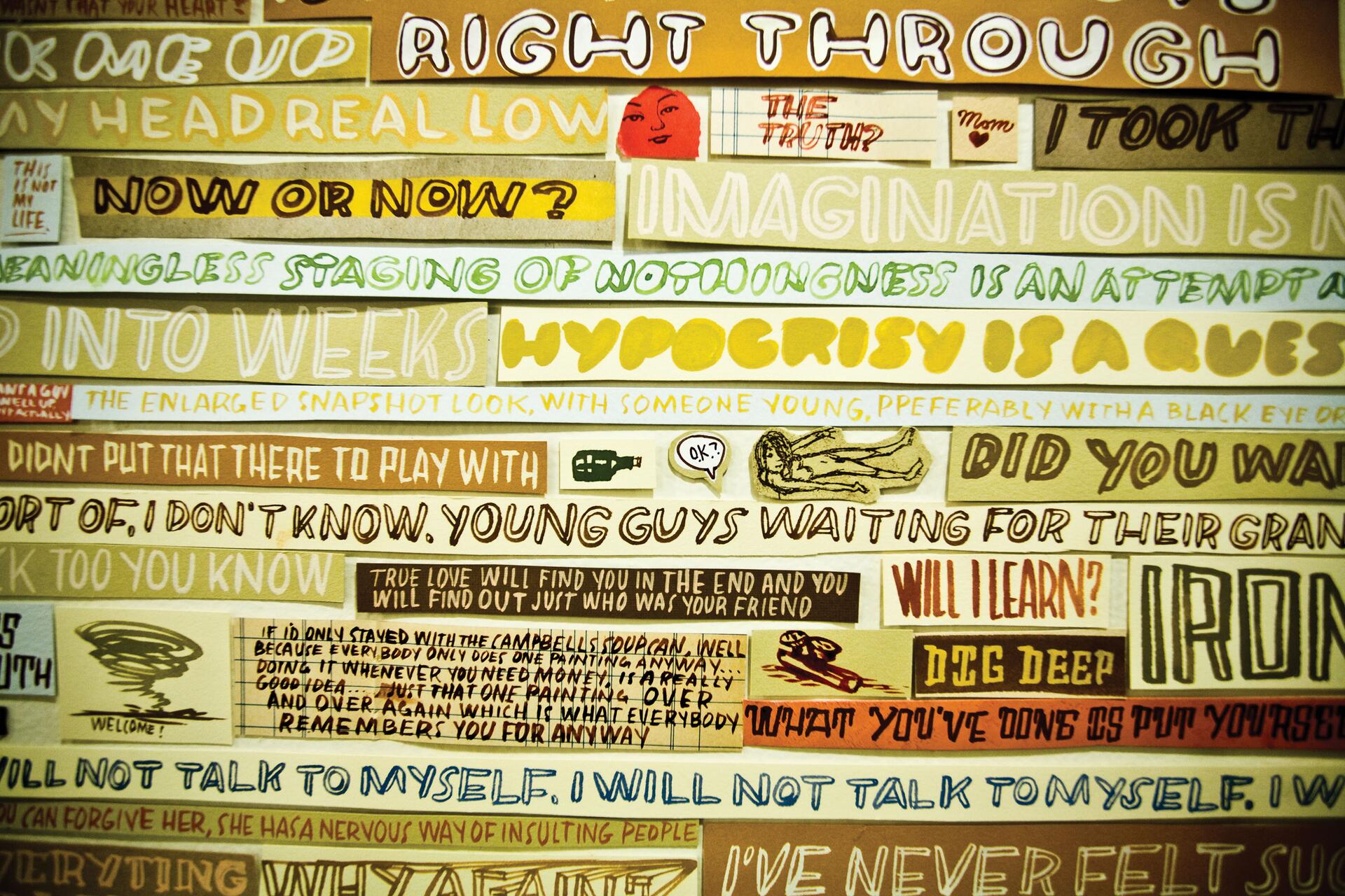 Collage of colorful, handwritten text strips with various phrases in different fonts and colors, arranged closely together.