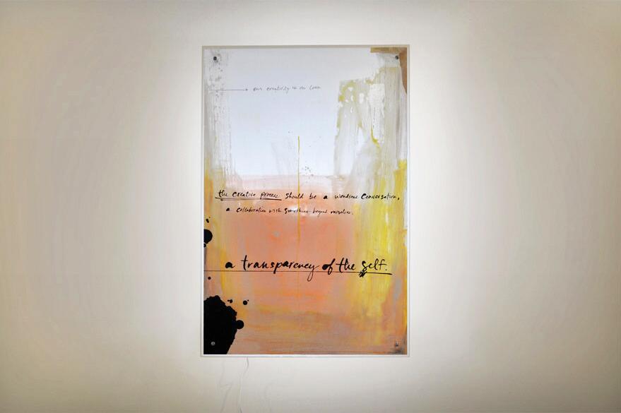 Abstract painting with handwritten text on a white background blending into shades of yellow and orange. Black ink spots at the bottom. Text phrases include "creative process" and "transparency of the self."