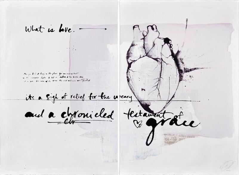 Abstract artwork featuring a sketched human heart on a light background with cursive text exploring the theme of love. The composition is split into two panels, with black ink and brush strokes adding texture and depth.