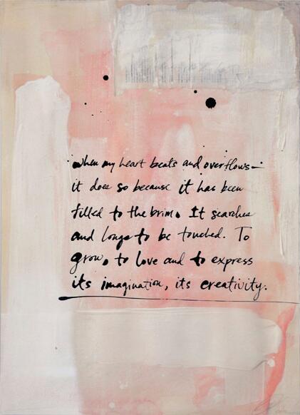 Abstract watercolor background with soft pink and beige hues, featuring handwritten black ink text expressing emotions and creativity.